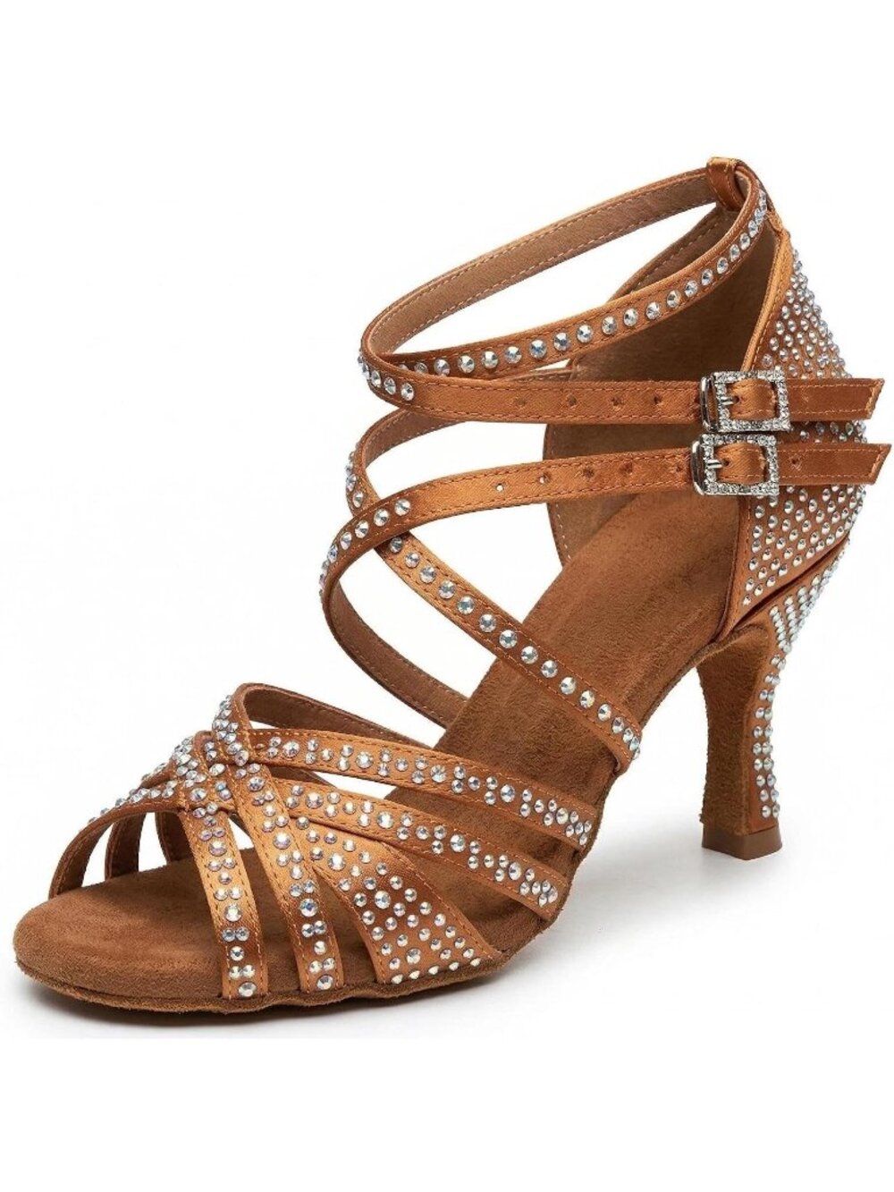 Women's Brown Rhinestone Latin Satin Ballroom Salsa Party Heel Dance Shoes